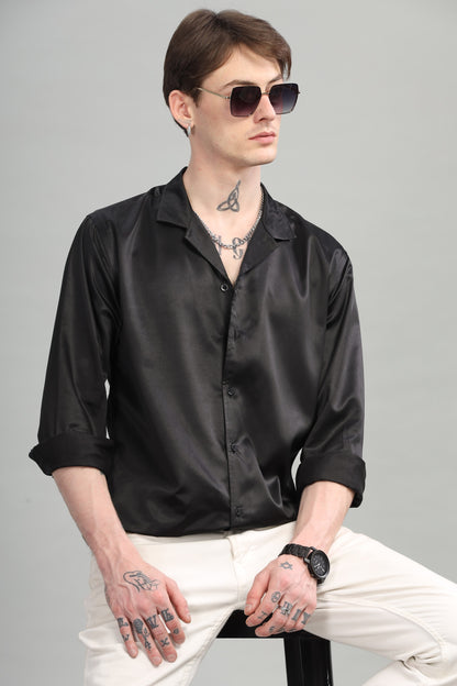 Satin Black Cuban Collar Shirt