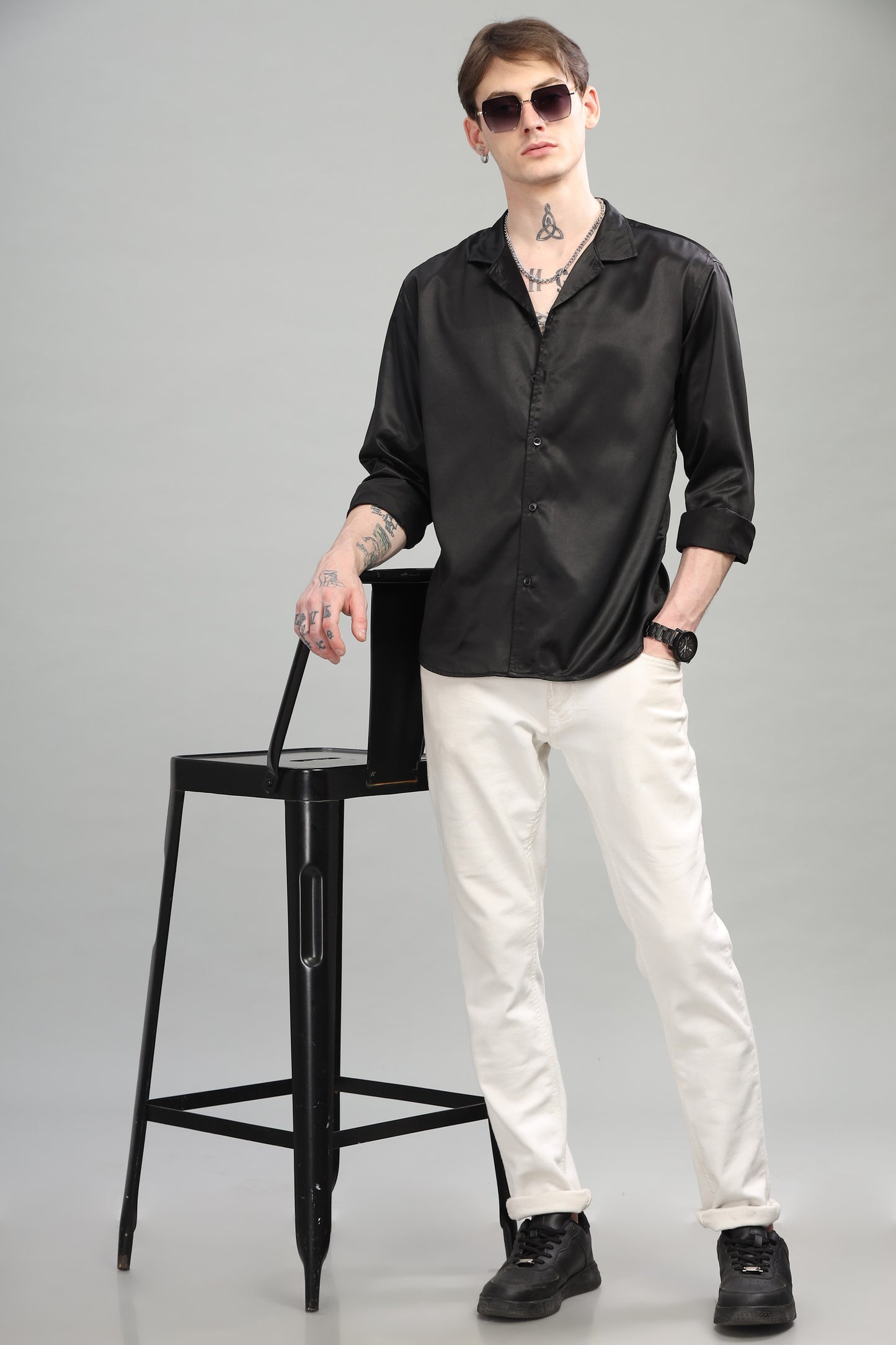 Satin Black Cuban Collar Shirt