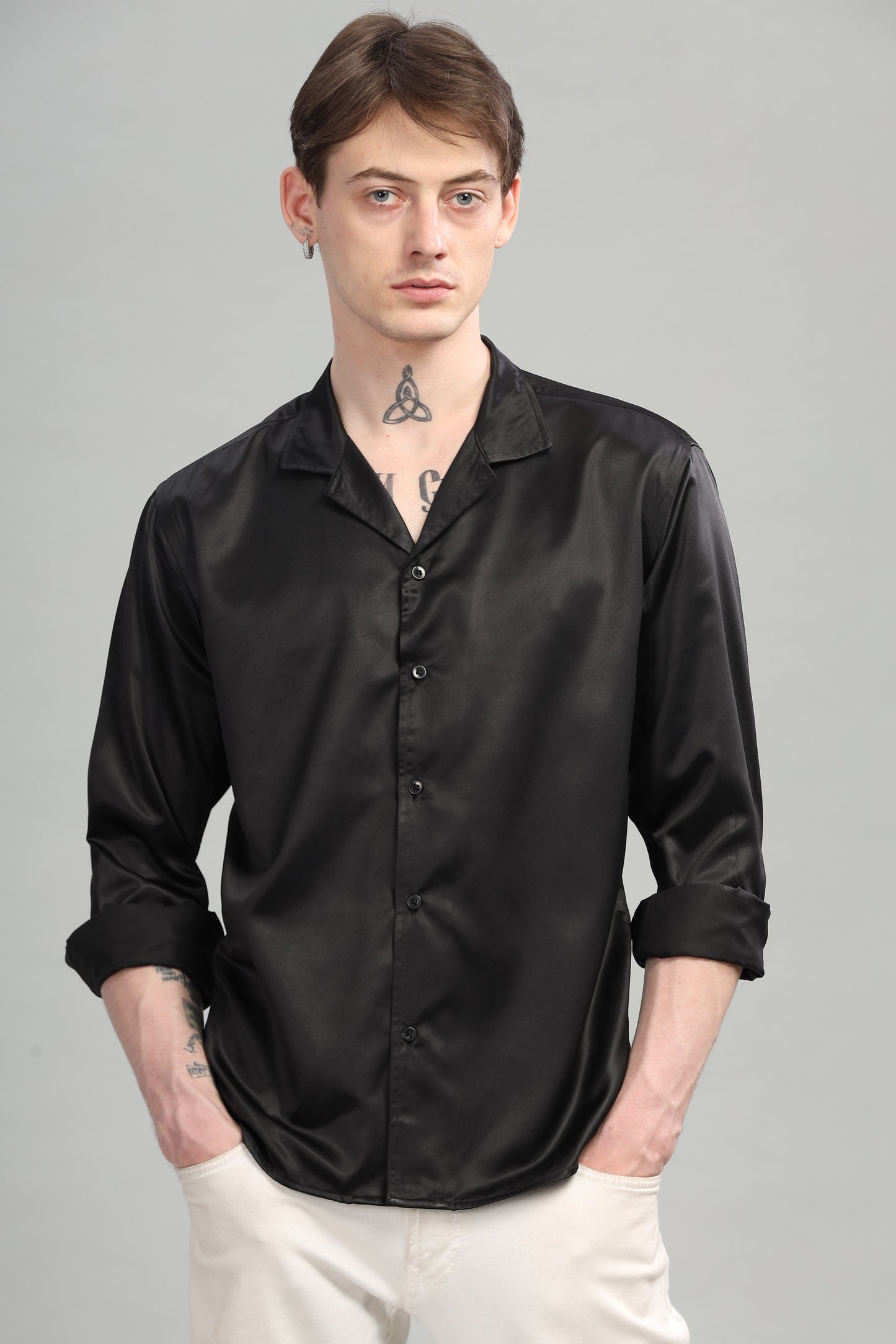 Satin Black Cuban Collar Shirt