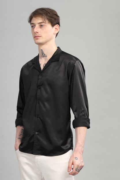 Satin Black Cuban Collar Shirt