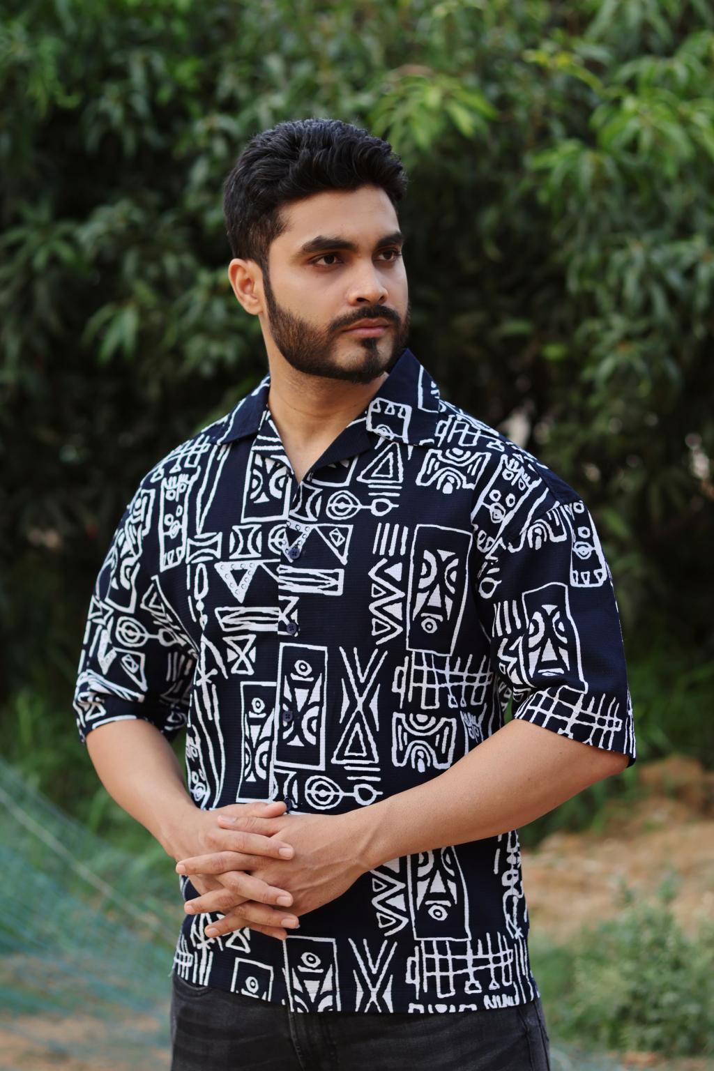 Tribal Printed Navy Blue Shirt